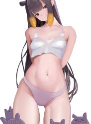 Rule 34 | 1girl, absurdres, arms behind back, back hair, blush, breasts, collarbone, commentary, english commentary, fang, fang out, hair behind ear, head tilt, highres, hololive, hololive english, long hair, looking at viewer, navel, ninomae ina&#039;nis, panties, pointy ears, purple eyes, purple panties, small breasts, smile, solo, spicyyrum, stomach, takodachi (ninomae ina&#039;nis), tentacle hair, underwear, very long hair, virtual youtuber, white background
