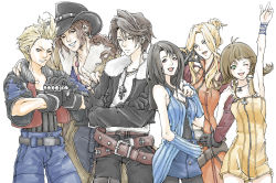 Rule 34 | 1990s (style), 3boys, 3girls, :d, arm up, arm warmers, belt, blonde hair, blue eyes, brown hair, cowboy hat, crossed arms, denim, detached sleeves, earhart, everyone, facial tattoo, final fantasy, final fantasy viii, fingerless gloves, flipped hair, gloves, green eyes, hat, streaked hair, irvine kinneas, jacket, jeans, jewelry, multicolored hair, multiple boys, multiple girls, necklace, one eye closed, open mouth, pants, quistis trepe, rinoa heartilly, selphie tilmitt, skirt, smile, squall leonhart, tattoo, teeth, v, wink, yellow skirt, zell dincht, zipper