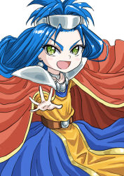 Rule 34 | 1girl, belt, big hair, blue hair, cape, chrono trigger, commentary request, dress, earrings, flat chest, jewelry, long hair, open mouth, queen zeal, s-a-murai, smile, solo, aged down