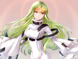 Rule 34 | 1girl, absurdres, bodysuit, breasts, c.c., code geass, covered navel, floating hair, green hair, grey background, highres, long hair, long sleeves, looking at viewer, medium breasts, outstretched arms, parted lips, resuta, solo, standing, very long hair, white bodysuit, wide sleeves, yellow eyes