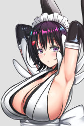 Rule 34 | 1girl, armpits, arms behind head, arms up, black hair, breasts, cleavage, highres, iroha (samurai spirits), large breasts, looking at viewer, maid, maid headdress, maid leotard, no bra, purple eyes, samurai spirits, short hair, sideboob, simple background, snk, solo, unconventional maid, upper body
