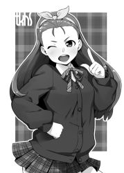 Rule 34 | 1girl, blush, cardigan, greyscale, hairband, hand on own hip, idolmaster, idolmaster (classic), long hair, looking at viewer, minase iori, monochrome, one eye closed, open mouth, plaid, plaid skirt, skirt, smile, solo, tkhs, wink