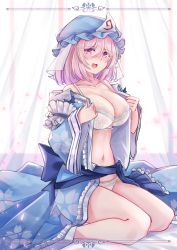 Rule 34 | 1girl, :d, bra, breasts, cleavage, commentary request, hat, highres, large breasts, looking at viewer, navel, open mouth, pink eyes, pink hair, saigyouji yuyuko, sarasadou dan, short hair, sitting, smile, solo, touhou, triangular headpiece, underwear