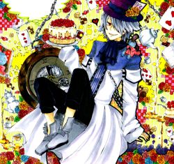 Rule 34 | 00s, 1boy, allo5r, cake, card, emily (pandora hearts), floating card, floating card, flower, food, formal, hair over one eye, hat, male focus, pandora hearts, red eyes, short hair, silver hair, sitting, solo, top hat, xerxes break