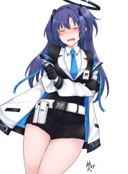 Rule 34 | 1girl, belt, belt pouch, black gloves, blue archive, blue necktie, blush, breasts, closed eyes, collared shirt, cowboy shot, crossed arms, formal, gloves, half gloves, halo, highres, id card, jacket, long sleeves, medium breasts, miniskirt, necktie, off shoulder, open clothes, open jacket, open mouth, parted bangs, pleated skirt, pouch, purple hair, shirt, sidelocks, simple background, skirt, solo, standing, suit, thighs, two-sided fabric, two-sided jacket, two side up, vellark, white background, white belt, white shirt, yuuka (blue archive)