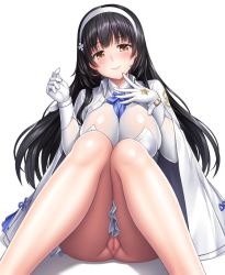 Rule 34 | 1girl, between breasts, black hair, blush, breasts, cape, cleft of venus, closed mouth, commentary request, flower, girls&#039; frontline, gloves, hair flower, hair ornament, hairband, hands up, head tilt, knees together feet apart, lambda (kusowarota), large breasts, long hair, looking at viewer, necktie, necktie between breasts, pussy, shirt, sidelocks, simple background, sitting, skirt, smile, solo, type 95 (girls&#039; frontline), uncensored, very long hair, white background, white gloves, white hairband, white shirt, white skirt, wrist straps, yellow eyes