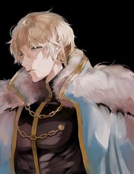 Rule 34 | 1boy, black background, blonde hair, cape, contest winner, fate/grand order, fate (series), fur-trimmed cape, fur trim, gawain (fate), hair between eyes, highres, looking at viewer, male focus, parted lips, pesso fgo, pixiv fate/grand order contest 1, short hair, solo, tears