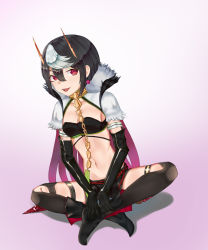 Rule 34 | 1girl, ariel (kumo desu ga nani ka?), black hair, black shorts, black thighhighs, black tube top, boots, breasts, cleavage, collarbone, commentary, crop top, earrings, elbow gloves, full body, gloves, groin, hair between eyes, highleg, highleg panties, highres, indian style, jewelry, knee boots, kumo desu ga nani ka?, looking at viewer, midriff, multicolored hair, navel, open clothes, open shirt, panties, parted lips, purple background, red eyes, riozoz, shadow, shirt, short hair with long locks, short shorts, short sleeves, shorts, sidelocks, simple background, sitting, small breasts, smile, solo, strapless, streaked hair, thighhighs, tube top, underwear, white hair, white shirt