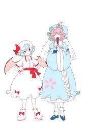 Rule 34 | 2girls, blue footwear, blue hair, blue headwear, blue kimono, cake mogo, closed mouth, commentary, covering own mouth, dress shirt, floral print, folded fan, folding fan, frilled shirt collar, frilled sleeves, frills, full body, hand fan, hands on own hips, hat, hat ribbon, highres, holding, holding fan, japanese clothes, kimono, limited palette, long sleeves, looking at another, mary janes, mob cap, multiple girls, paper fan, puffy short sleeves, puffy sleeves, purple hair, red eyes, red ribbon, remilia scarlet, ribbon, saigyouji yuyuko, shirt, shoes, short sleeves, simple background, size difference, skirt, smile, standing, symbol-only commentary, touhou, triangular headpiece, white background, white footwear, white headwear, white legwear, white shirt, white skirt, wide sleeves