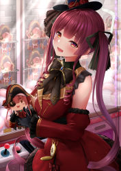Rule 34 | 1girl, black gloves, black hat, black ribbon, breasts, character doll, cleavage, commentary request, detached sleeves, doll, eyepatch, gloves, hair ribbon, hat, heterochromia, highres, holding, holding doll, hololive, houshou marine, long hair, looking at viewer, medium breasts, mini hat, monaka curl, red eyes, red hair, ribbon, see-through, see-through cleavage, solo, twintails, virtual youtuber, yellow eyes