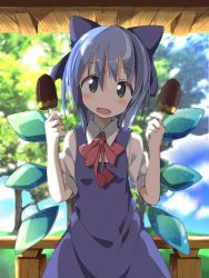 Rule 34 | 1girl, blue dress, blue hair, blue sky, blush, bow, check commentary, cirno, cloud, commentary, commentary request, day, dress, food, grey eyes, hair bow, head tilt, highres, ice, ice wings, looking at viewer, open mouth, popsicle, shirt, short sleeves, sky, smile, solo, tantan men (dragon), touhou, tree, wings