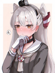 Rule 34 | 1girl, amatsukaze (kancolle), blush, brown background, brown dress, brown eyes, dress, gloves, grey hair, grey neckerchief, hair tubes, hat, highres, kantai collection, long hair, long sleeves, mini hat, neckerchief, ranran 3939, sailor dress, smokestack hair ornament, solo, two side up, upper body, white background, white gloves