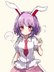 Rule 34 | 1girl, alternate hair length, alternate hairstyle, animal ears, blush, breasts, carrot pin, closed mouth, collared shirt, commentary request, embarrassed, flying sweatdrops, hair between eyes, hand up, highres, looking at viewer, medium breasts, moshihimechan, necktie, pink skirt, puffy short sleeves, puffy sleeves, purple hair, rabbit ears, red eyes, red necktie, reisen udongein inaba, shirt, short hair, short sleeves, simple background, skirt, solo, speech bubble, standing, sweat, sweatdrop, touhou, white shirt, yellow background