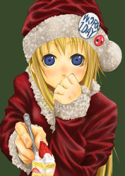 Rule 34 | 1girl, bad id, bad pixiv id, badge, blonde hair, blue eyes, blush, cake, christmas, covering own mouth, feeding, food, fruit, hand over mouth, hand over own mouth, hat, incoming food, lapel pin, long hair, okiru, pastry, pin, pov feeding, santa costume, santa hat, solo, strawberry