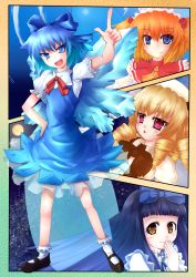 Rule 34 | 4girls, bad id, bad pixiv id, black hair, blonde hair, blue eyes, blue hair, cirno, dress, hair ribbon, highres, luna child, mary janes, multiple girls, open mouth, red eyes, ribbon, shoes, smile, star (symbol), star sapphire, sunny milk, touhou, twintails, wings, yanagi ryou, yellow eyes