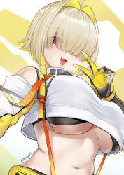 Rule 34 | 1girl, absurdres, ahoge, black sports bra, blonde hair, blush, breasts, clothing cutout, crop top, crop top overhang, cropped sweater, elegg (nikke), fang, from below, gloves, goddess of victory: nikke, hair intakes, hair over eyes, highres, large breasts, long bangs, long sleeves, looking at viewer, midriff, multicolored clothes, multicolored gloves, multicolored hair, navel, open mouth, plump, purple eyes, shorts, shoulder cutout, simple background, smile, solo, sports bra, stomach, suspender shorts, suspenders, taut sweater, two-tone hair, underboob, upper body, upright ahoge, v, washout008