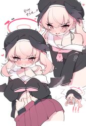 Rule 34 | !, !!, absurdres, black serafuku, black shirt, black wings, blue archive, blush, collarbone, halo, highres, koharu (blue archive), korean commentary, korean text, mg pong, navel, neckerchief, nose blush, off-shoulder shirt, off shoulder, open mouth, pink eyes, pink hair, pink neckerchief, red halo, red skirt, school uniform, serafuku, shirt, short hair, simple background, skirt, sleeves past fingers, sleeves past wrists, spread navel, tears, translation request, twintails, white background, winged hat, wings
