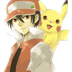 Rule 34 | 1boy, :d, bad id, bad pixiv id, baseball cap, black hair, blush stickers, brown eyes, commentary request, creature, creatures (company), game freak, gen 1 pokemon, happy, hat, male focus, nintendo, on shoulder, open mouth, pikachu, pixiv red, pokemon, pokemon (creature), pokemon on shoulder, pokemon rgby, red (pokemon), simple background, smile, upper body, usao (313131), white background