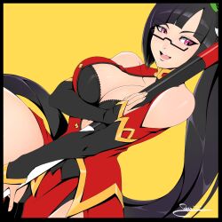 Rule 34 | 1girl, bare shoulders, black hair, blazblue, breasts, cleavage, glasses, highres, its just suppi, large breasts, litchi faye ling, ponytail