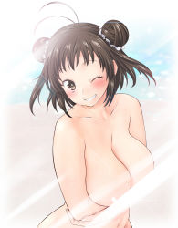 Rule 34 | 10s, 1girl, alternate breast size, antenna hair, blush, breasts, brown eyes, brown hair, censored, curvy, female focus, grin, highres, kantai collection, large breasts, long hair, looking at viewer, naka (kancolle), navel, nipples, nude, one eye closed, shoumaru (gadget box), smile, solo, standing, topless frame, upper body, wide hips