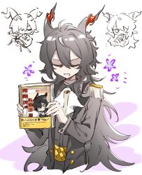 Rule 34 | 2boys, arknights, ascot, book, chinese commentary, chinese text, closed mouth, coat, commentary request, ebenholz (arknights), epaulettes, fringe trim, grey coat, grey shirt, hair between eyes, highres, holding, holding book, horns, jiekuijiangshadaonijiamenkou, kreide (arknights), long hair, male focus, multiple boys, open clothes, open coat, open mouth, shirt, sketch, smile, translation request, white ascot