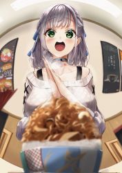 Rule 34 | 1girl, :d, arms up, black choker, blue ribbon, blurry, blurry foreground, blush, breasts, choker, commentary request, fisheye, food, green eyes, hair ribbon, highres, hololive, large breasts, long sleeves, looking at viewer, medium hair, nayuyu1105, open mouth, own hands together, ribbon, shirogane noel, shirogane noel (casual), silver hair, smile, solo, sweater, upper body, virtual youtuber, white sweater
