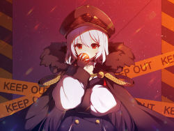 Rule 34 | 1girl, bad id, bad pixiv id, bolt action, caution tape, fur collar, fur trim, girls&#039; frontline, gun, hair between eyes, hat, holding, kar98k (girls&#039; frontline), keep out, long hair, long sleeves, looking at viewer, mauser 98, red eyes, rifle, solo, tp (kido 94), very long hair, weapon