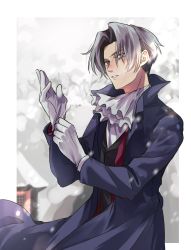 Rule 34 | 1boy, 480 (y0ha m00n), ascot, coat, from side, gloves, grey hair, hands up, highres, long sleeves, male focus, miles edgeworth, parted bangs, parted lips, snowing, solo