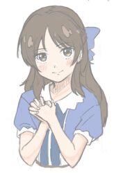 Rule 34 | 1girl, blue dress, blush, bow, brown eyes, brown hair, cropped torso, dress, hair bow, idolmaster, idolmaster cinderella girls, long hair, looking at viewer, own hands together, short sleeves, simple background, sketch, smile, solo, tachibana arisu, white background, y wasabi1211