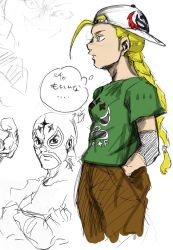 Rule 34 | 1girl, ahoge, akayakon, backwards hat, baseball cap, blonde hair, blue eyes, braid, breasts, cammy white, casual, el fuerte, elbow pads, hands in pockets, hat, long hair, shirt, small breasts, solo, street fighter, t-shirt, translation request