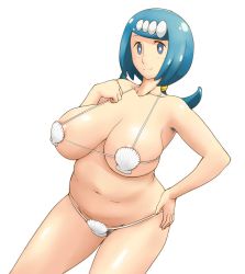 Rule 34 | 1girl, areola slip, armpit hair, belly, bikini, blue eyes, blue hair, blush, breasts, collarbone, creatures (company), female pubic hair, freckles, game freak, hairband, lana&#039;s mother (pokemon), large breasts, long hair, looking at viewer, mature female, nintendo, pokemon, pokemon (anime), pokemon sm (anime), pubic hair, shell, shell bikini, smile, solo, standing, swimsuit, tof, upper body, white hairband