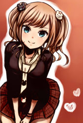 Rule 34 | 1girl, alternate hair length, alternate hairstyle, bear hair ornament, black necktie, black shirt, blonde hair, blue eyes, breasts, cleavage, closed mouth, collarbone, danganronpa: trigger happy havoc, danganronpa (series), enoshima junko, female focus, gradient background, hair ornament, hair tie, hands on own hips, heart, highres, legs, long hair, looking at viewer, multicolored necktie, multicolored neckwear, necktie, nico (nico alice), patterned necktie, plaid, pleated skirt, prototype design, red background, red skirt, shiny skin, shirt, skirt, sleeves past elbows, smile, solo, standing, thighs, twintails, white necktie