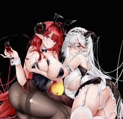 Rule 34 | 2girls, absurdres, aegir (azur lane), aegir (iron blood&#039;s dragon maid) (azur lane), alternate costume, animal ears, arm garter, ass, azur lane, bare shoulders, between breasts, black background, black headband, black horns, black leotard, blunt bangs, bow, bowtie, breast hold, breasts, brown pantyhose, card, card between breasts, cleavage, cup, curled horns, demon girl, demon horns, detached collar, fake animal ears, finger to mouth, frilled bandeau, frilled hairband, frills, from behind, garter straps, hair on horn, hairband, headband, highleg, highleg leotard, highres, hindenburg (azur lane), hindenburg (delirious duel) (azur lane), holding, holding cup, horns, huge breasts, index finger raised, iue (artist), leotard, long hair, looking at viewer, looking back, maid headdress, manjuu (azur lane), multicolored hair, multiple girls, official alternate costume, pantyhose, playboy bunny, playing card, pointy ears, rabbit ears, red eyes, red hair, slit pupils, smile, strapless, strapless leotard, streaked hair, thighhighs, underbutt, white garter straps, white hair, white thighhighs, wrist cuffs, yellow eyes