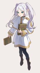 Rule 34 | 1girl, absurdres, black pantyhose, book, boots, brown footwear, capelet, commentary, dress, elf, frieren, full body, green eyes, highres, holding, holding book, long hair, long sleeves, looking ahead, moio52, open mouth, pantyhose, parted bangs, pointy ears, simple background, solo, sousou no frieren, standing, thick eyebrows, twintails, white background, white capelet, white dress