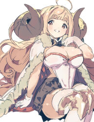 Rule 34 | 1girl, ahoge, anila (granblue fantasy), black skirt, blonde hair, blush, breasts, brown eyes, brown horns, cape, cleavage, curled horns, draph, gorirago, granblue fantasy, highres, horns, invisible chair, large breasts, long hair, looking at viewer, pleated skirt, short eyebrows, simple background, sitting, skirt, solo, thick eyebrows, thighhighs, very long hair, white background, white thighhighs