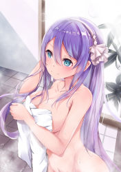 Rule 34 | 1girl, aqua eyes, breasts, closed mouth, completely nude, hair between eyes, hair ribbon, hairband, highres, holding, holding towel, large breasts, long hair, mutang, nude, princess connect!, purple hair, ribbon, shizuru (princess connect!), solo, towel, wet, white hairband, white ribbon