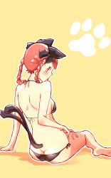 Rule 34 | 1girl, ass, back, bad id, bad pixiv id, bare legs, barefoot, bikini, black bikini, blunt bangs, bow, braid, breasts, butt crack, cat tail, from behind, hair bow, highres, kaenbyou rin, looking at viewer, looking back, multiple tails, non (z-art), paw print, red eyes, red hair, short hair, side-tie bikini bottom, sideboob, simple background, sitting, small breasts, solo, string bikini, swimsuit, tail, tongue, tongue out, touhou, twin braids, two tails, yellow background