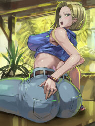 Rule 34 | 1girl, android 18, ass, ass focus, bare shoulders, blonde hair, blush, breasts, come hither, denim, dragonball z, from behind, huge ass, jeans, kazo (kazozakazo), large breasts, looking at viewer, medium hair, naughty face, open mouth, pants, shirt, sideboob, sitting, smile, solo