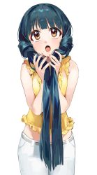 Rule 34 | 1girl, :o, bare shoulders, belt, blue hair, blush, breasts, brown eyes, denim, highres, idolmaster, idolmaster million live!, jeans, kitakami reika, large breasts, long hair, looking at viewer, low twintails, midriff, open mouth, pants, seveneightdu, shirt, simple background, sleeveless, solo, standing, twintails, white background, white pants, yellow shirt