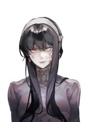 Rule 34 | 1girl, black hair, blood, blood on face, blood on hands, bruise, clenched teeth, elicooc, hair between eyes, highres, injury, long hair, looking at viewer, parted lips, simple background, solo, spy x family, teeth, very long hair, white background, yor briar
