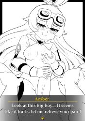 Rule 34 | 1boy, 1girl, absurdres, amber (genshin impact), blush, boots, breasts, closed mouth, english text, genshin impact, gi0, gloves, goggles, goggles on head, grabbing own breast, groping, hair between eyes, hair ornament, hair ribbon, hand on own chest, highres, long sleeves, monochrome, penis, ribbon, smile, thigh boots, thighhighs, thighs, tongue, tongue out, uncensored, veins, veiny penis