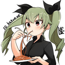 Rule 34 | 10s, 1girl, :t, anchovy (girls und panzer), anzio military uniform, artist name, barashiya, black ribbon, black shirt, closed mouth, dress shirt, drill hair, eating, food, fork, girls und panzer, green hair, hair ribbon, holding, holding fork, long hair, no neckwear, open collar, pasta, plate, red eyes, ribbon, shirt, signature, simple background, solo, spaghetti, standing, twin drills, twintails, twitter username, upper body, white background