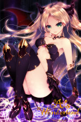 Rule 34 | 1girl, a&#039;s wonderland, bad id, bad pixiv id, bare shoulders, black thighhighs, blonde hair, boots, breasts, copyright name, demon tail, demon wings, female focus, gloves, green eyes, hexagram, highres, horns, light smile, lips, long hair, looking at viewer, magic circle, midriff, original, shiny skin, shokuyou mogura, small breasts, smile, solo, tail, thigh boots, thighhighs, thighs, very long hair, wings