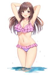 Rule 34 | 1girl, :d, armpits, arms behind head, arms up, bikini, blush, breasts, brown eyes, brown hair, cleavage, collarbone, commentary request, frilled bikini, frills, gluteal fold, highres, idolmaster, idolmaster shiny colors, large breasts, layered bikini, long hair, looking at viewer, miyar2d2, open mouth, pink bikini, simple background, smile, solo, swept bangs, swimsuit, thigh gap, thighs, tsukioka kogane, wading, water, white background