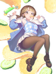 Rule 34 | 1girl, absurdres, amigo (hua cao), ass, blush, breasts, brown eyes, brown hair, brown pantyhose, chips (food), floating, food, food in mouth, full body, highres, jacket, large breasts, looking at viewer, mole, mole under mouth, original, pantyhose, pickle, ponytail, smile, thighs