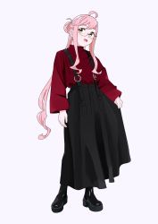 Rule 34 | 1girl, ahoge, alternate costume, bad id, bad twitter id, black footwear, black skirt, boots, double bun, full body, grey background, hair bun, holding, holding clothes, holding skirt, kantai collection, long skirt, makigumo (kancolle), maroon sweater, ojipon, open mouth, pink hair, simple background, single hair bun, skirt, solo, standing, suspender skirt, suspenders, sweater, turtleneck, turtleneck sweater, twintails, yellow eyes