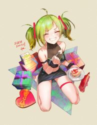 Rule 34 | 1girl, absurdres, bare legs, bare shoulders, barefoot, black dress, blush, box, breasts, cake, cake slice, closed eyes, delutaya, dress, facing viewer, food, food on face, fork, full body, gift, gift box, green hair, grey background, grin, hair ornament, heart-shaped box, highres, holding, holding fork, holding plate, hyde (tabakko), indie virtual youtuber, medium breasts, plate, simple background, sitting, smile, solo, strawberry shortcake, thigh strap, translation request, twintails, virtual youtuber