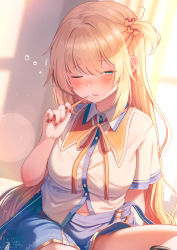 Rule 34 | 1girl, akai haato, akai haato (1st costume), blonde hair, blue eyes, blue skirt, breasts, brushing teeth, collared shirt, commentary request, dress shirt, hair between eyes, hair ornament, half-closed eyes, heart, heart hair ornament, highres, hololive, large breasts, long hair, looking at viewer, magowasabi, nail polish, navel, neck ribbon, one eye closed, one side up, partially unbuttoned, red nails, red ribbon, ribbon, shirt, short sleeves, signature, sitting, skirt, solo, toothbrush, toothbrush in mouth, twitter username, very long hair, virtual youtuber, white shirt