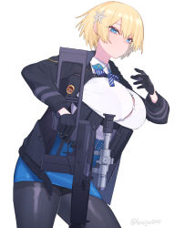 Rule 34 | 1girl, ammunition pouch, artist name, beijuu, belt, belt buckle, black coat, black gloves, black pantyhose, blonde hair, blouse, blue eyes, blue ribbon, blue skirt, bra visible through clothes, breasts, buckle, button gap, coat, cowboy shot, fur-trimmed coat, fur trim, girls&#039; frontline, gloves, gun, hair ornament, harness, highres, holding, holding weapon, inconvenient breasts, jacket, large breasts, load bearing vest, looking at viewer, looking down, mole, mole under eye, neck ribbon, pantyhose, pencil skirt, pouch, ribbon, rifle, scope, shiny clothes, shirt, short hair, signature, skirt, snap-fit buckle, sniper rifle, snowflake hair ornament, solo, standing, suppressor, thighband pantyhose, vsk-94, vsk-94 (girls&#039; frontline), weapon, white background, white shirt