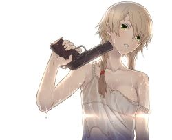 Rule 34 | 1girl, blonde hair, braid, camisole, finger on trigger, green eyes, gun, gun to head, hair tie, handgun, holding, holding gun, holding weapon, itou (onsoku tassha), light rays, long hair, looking at viewer, original, parted lips, pistol, pointing, pointing at self, simple background, solo, strap slip, torn clothes, twin braids, upper body, weapon, wet, white background